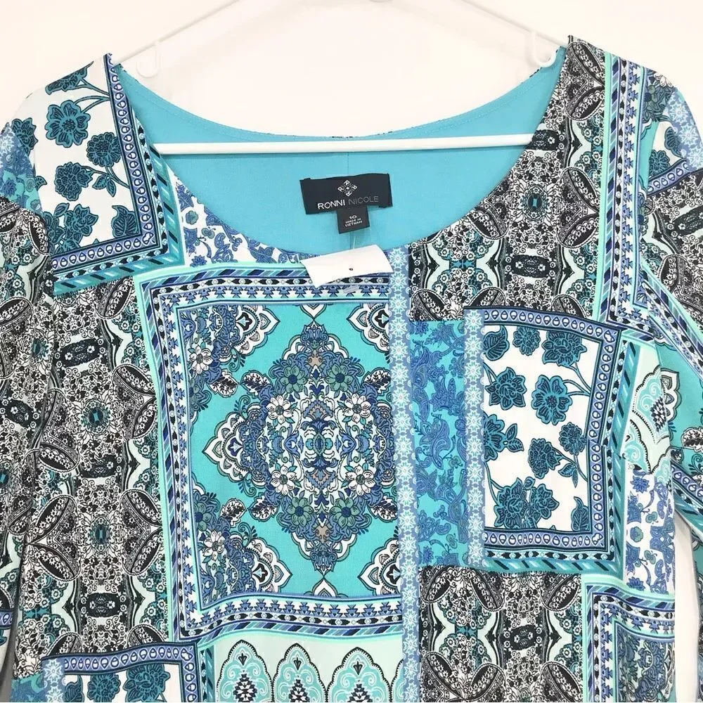 Ronni Nicole Blue Patchwork Floral Tapestry Print Bell Sleeve Sheath Dress